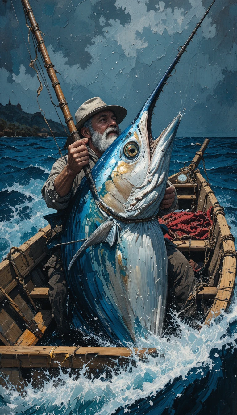 Old fisherman battling a giant blue marlin at sea