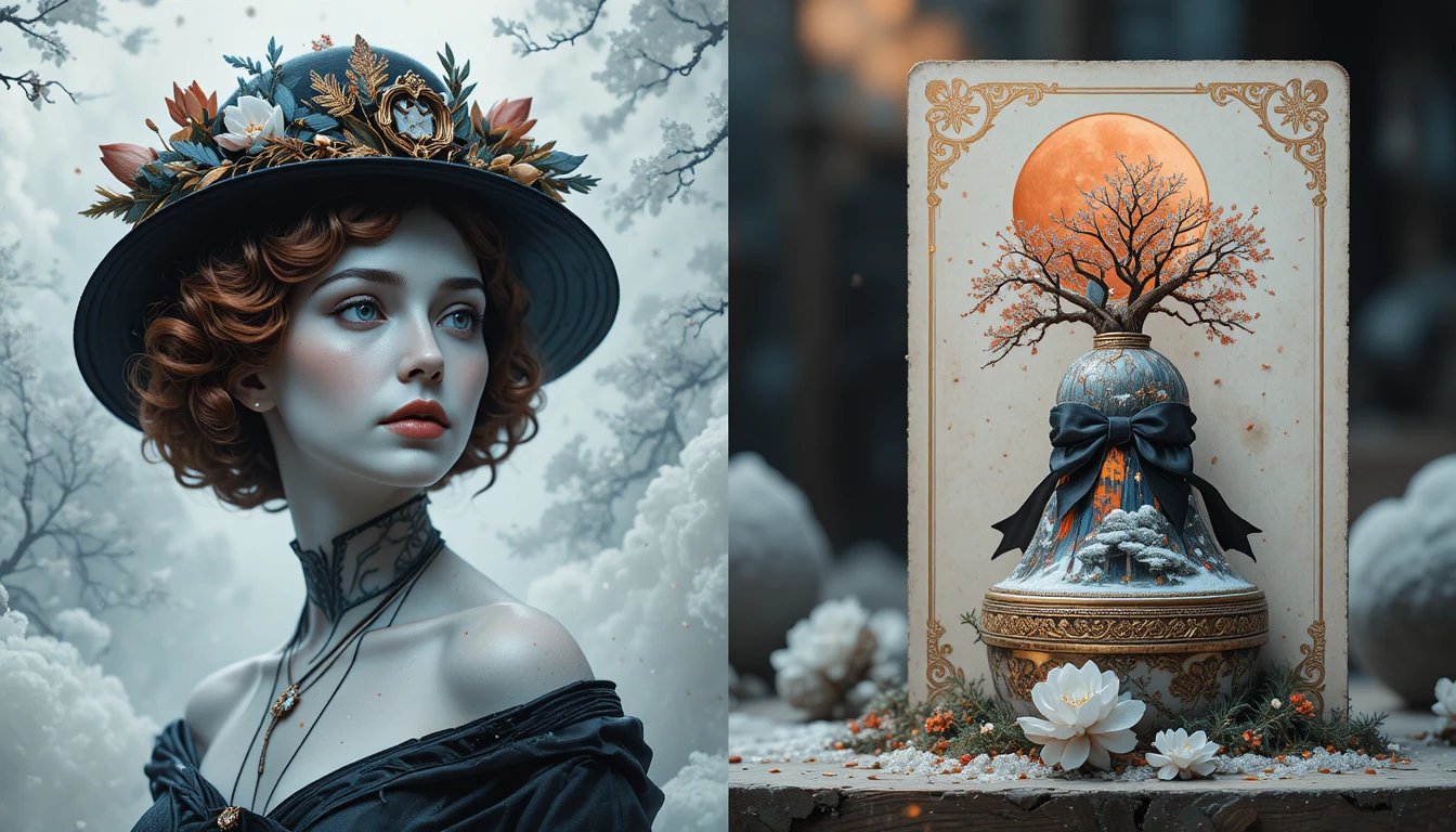Elegante donna con cappello e linee astratte blu fluenti