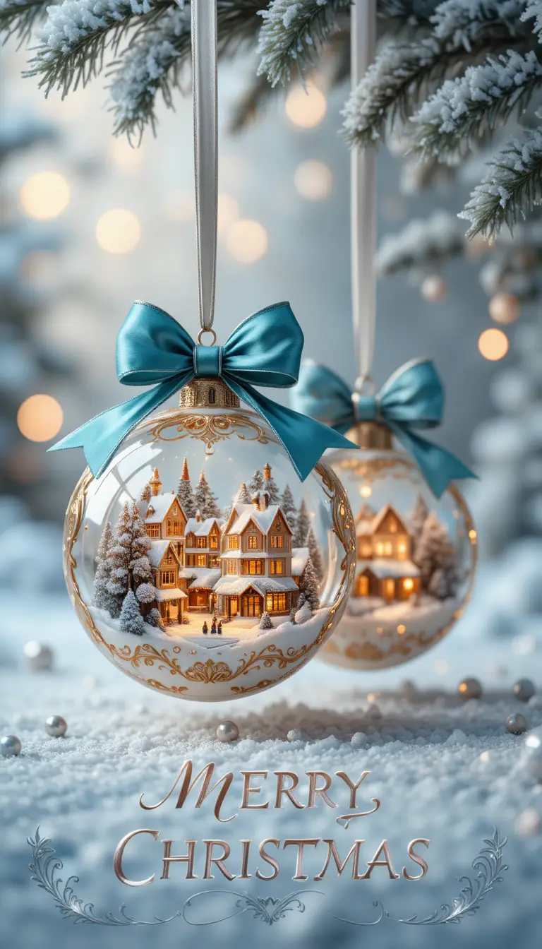 Close up 3D render of glowing antique Christmas ornaments