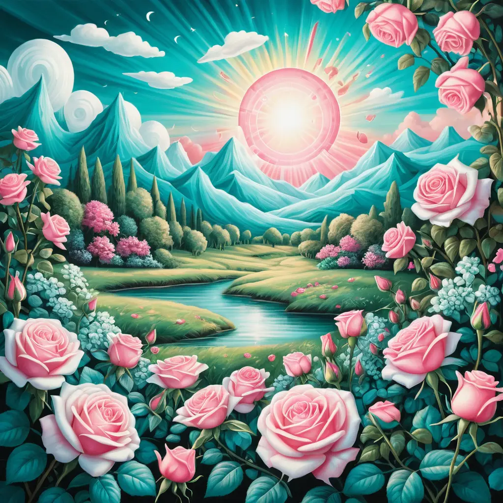 Surreal summer dreamscape with central field of roses