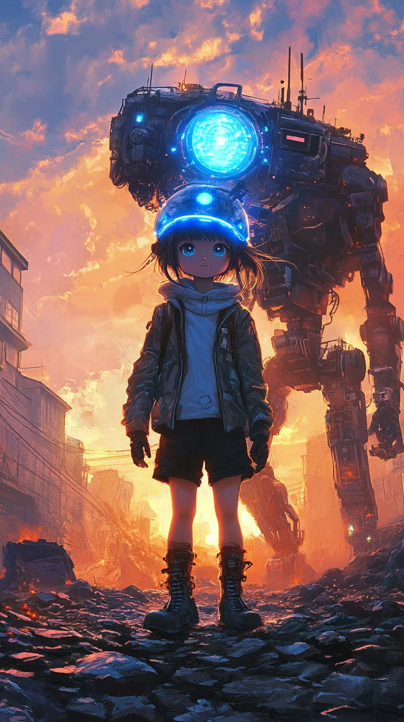 Young girl in helmet beside a giant ruined robot