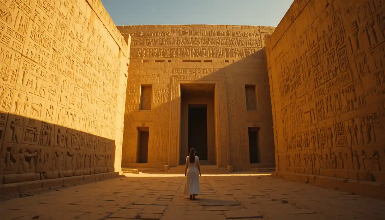 Sunlit hieroglyphic tomb walls in a desert passage