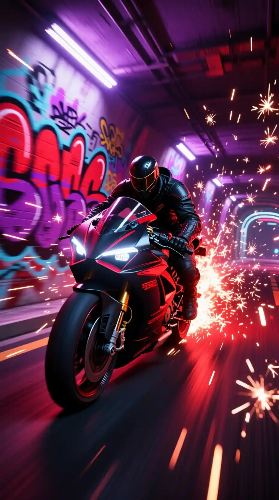 Assassino cyberpunk correndo de moto por túnel de neon
