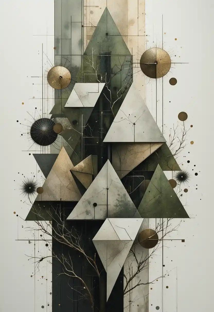 Art géométrique abstrait avec triangles et cercles dans des tons de vert