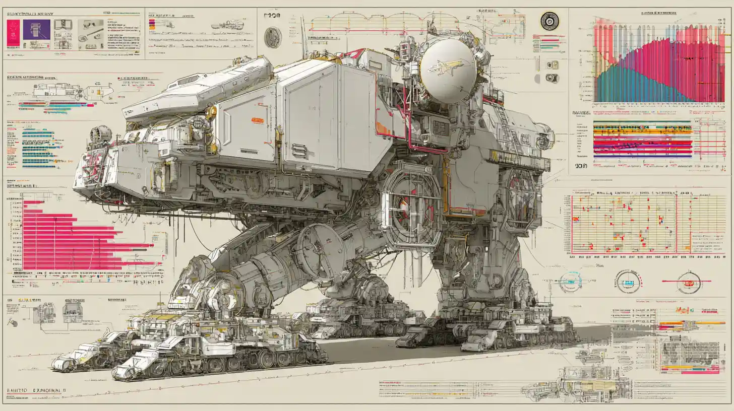 Futuristisches Mech-Läufer-Diagramm mit Stadtkampfsystemen
