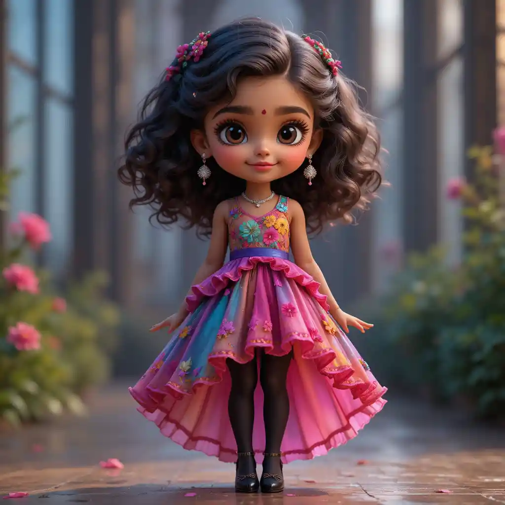 Tall Indian toddler girl in vibrant ruffled high low dress