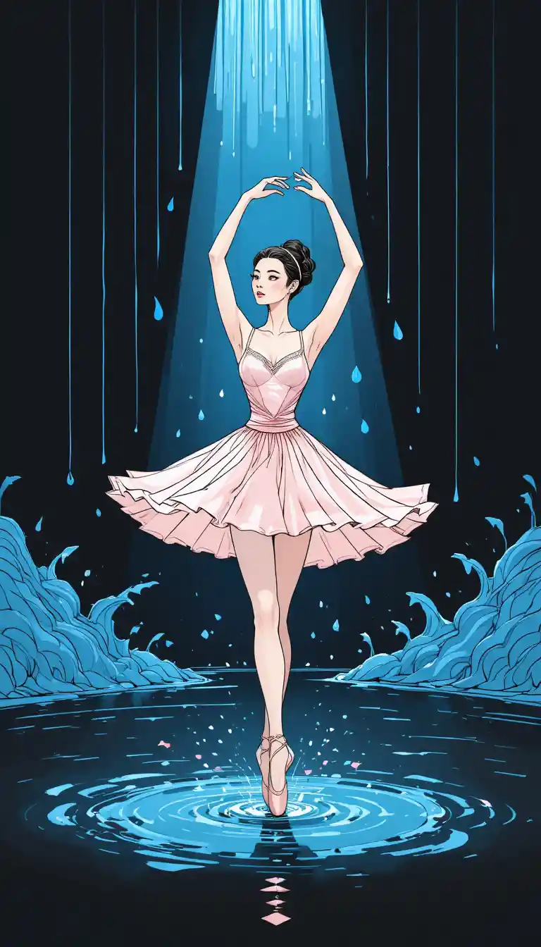 Danseuse de ballet en robe rose sautant sous une pluie bleue