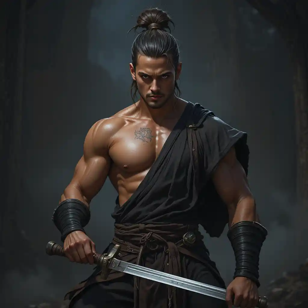 黝黑奇幻風格的武僧武術家，擁有古銅色健美身材