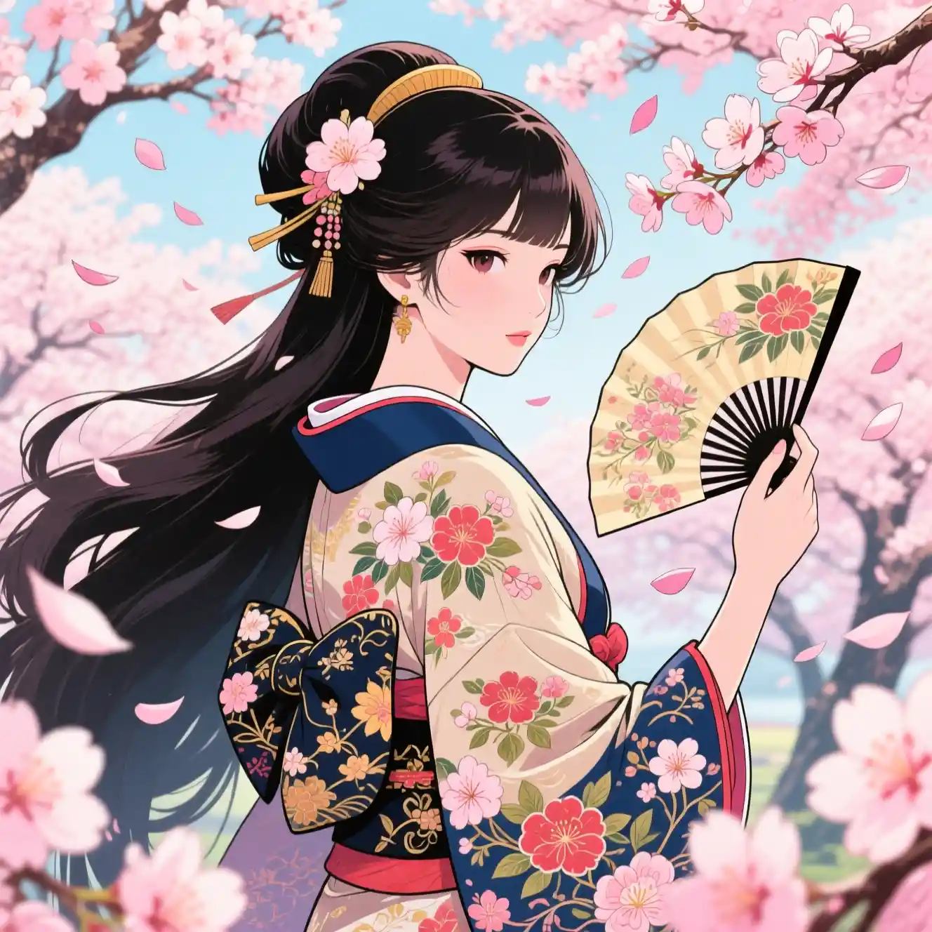 Elegant Japanese woman in kimono under cherry blossoms