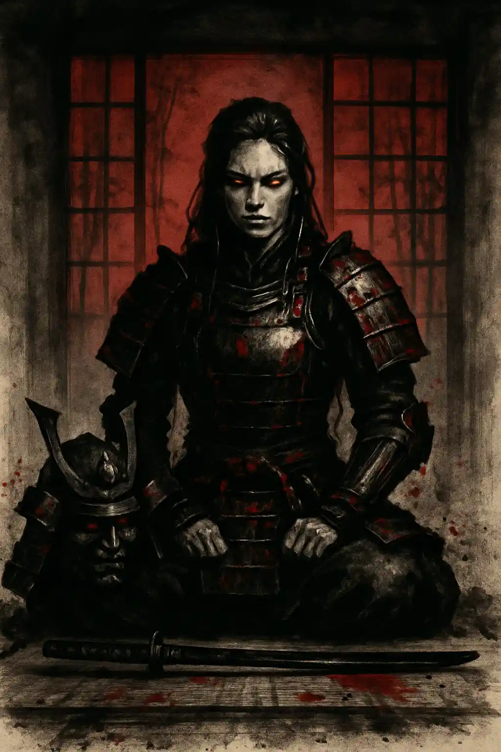 Samurai woman kneeling in armor on tatami floor