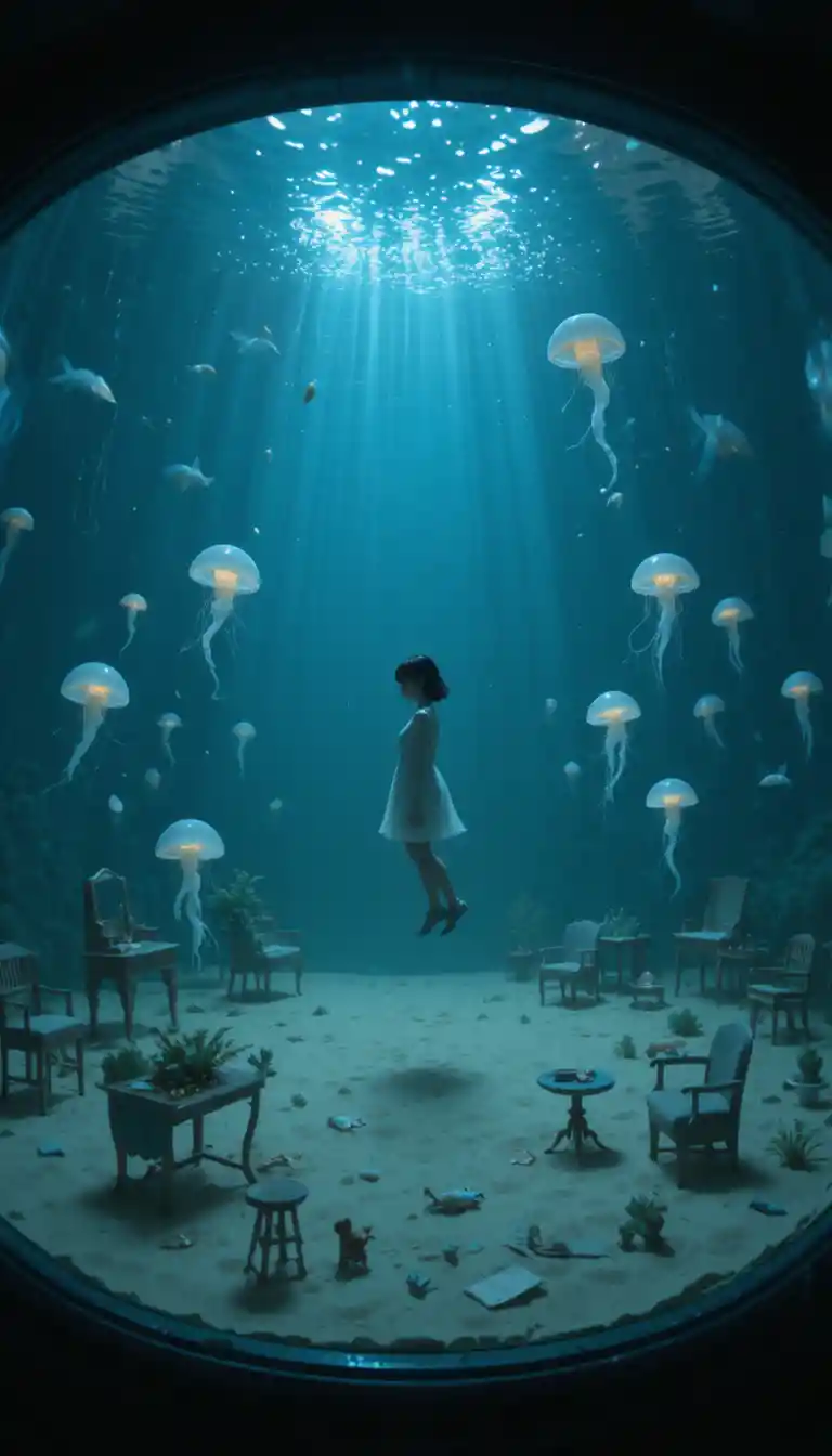 Ragazza anime che fluttua in un acquario onirico e surreale