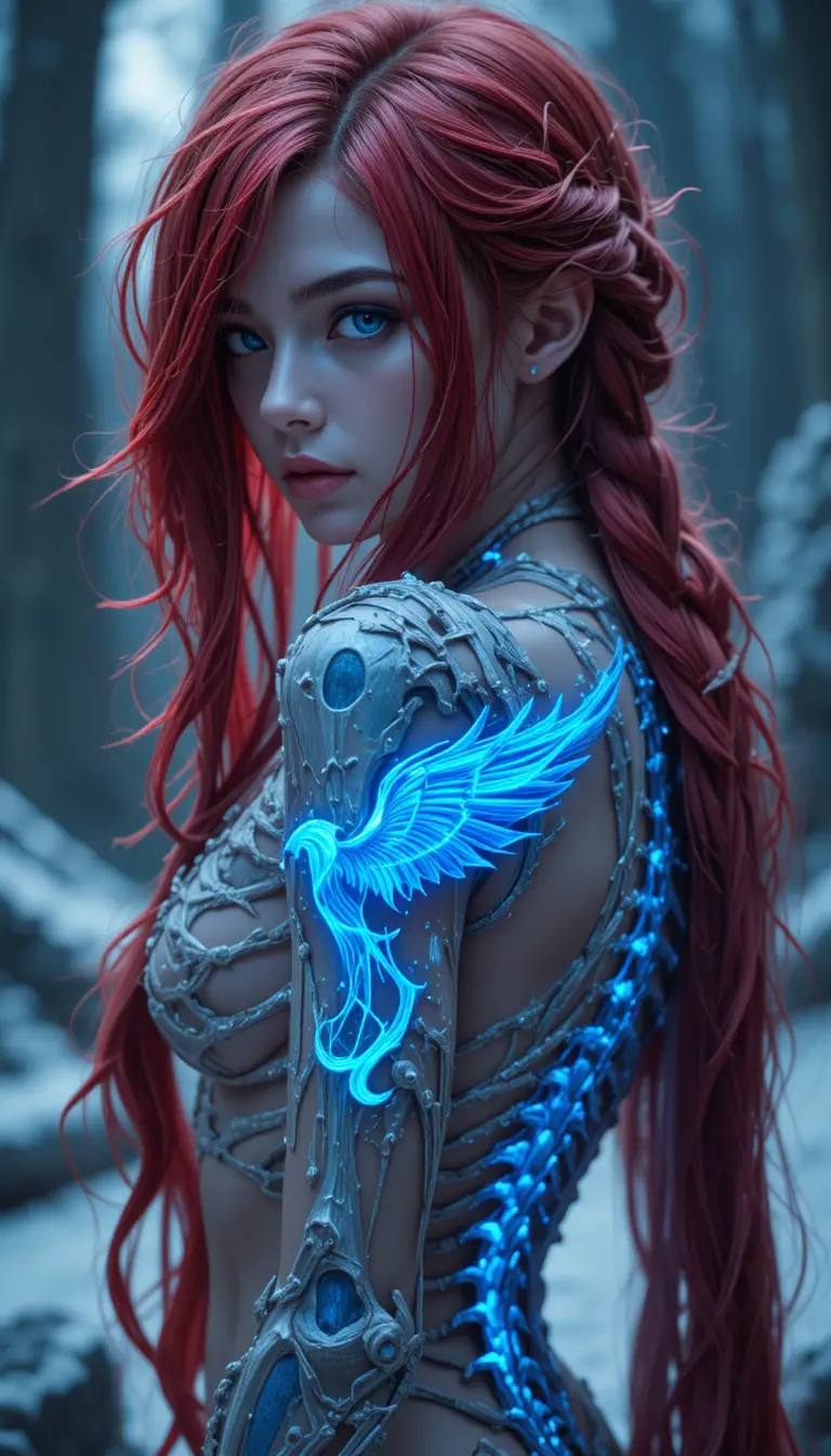 Guerriera elfa dark fantasy con gabbia toracica di fuoco gelido luminoso