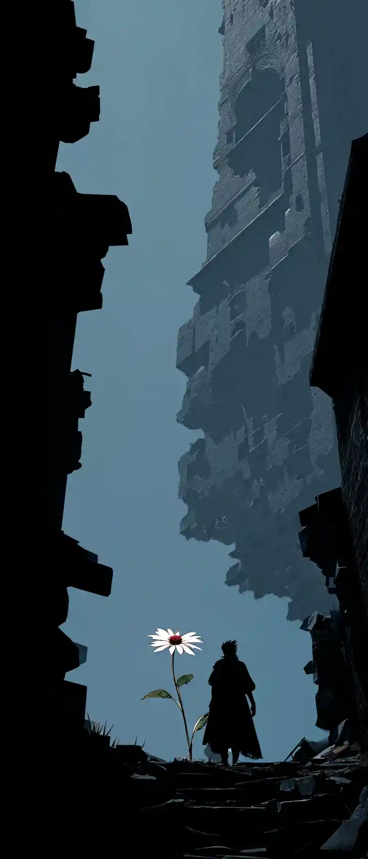 Silhouetted figure before collapsing tower and single blooming flower
