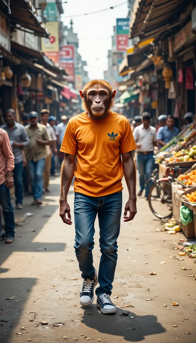 Monkey walking upright through busy Indian street market