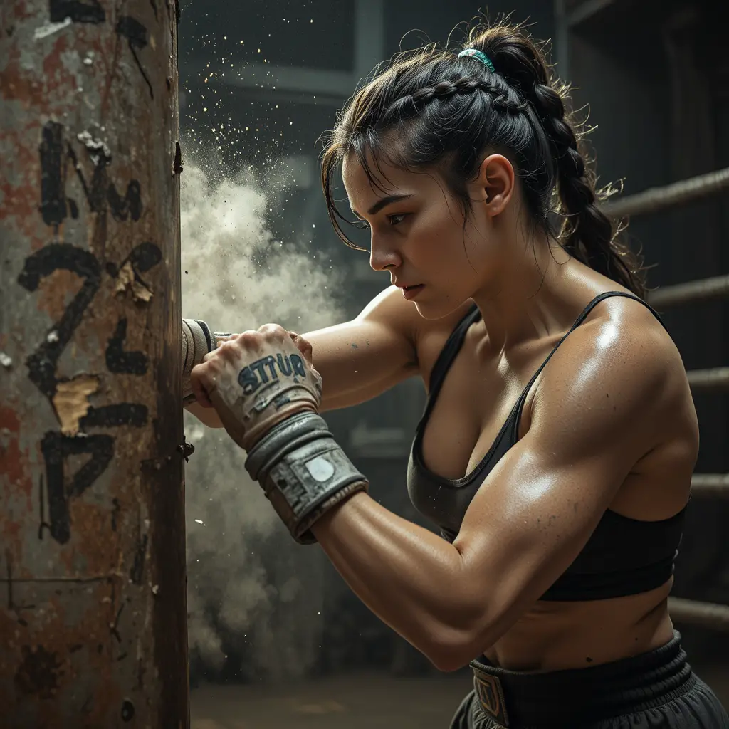 Fierce female fighter punching a dusty heavy bag