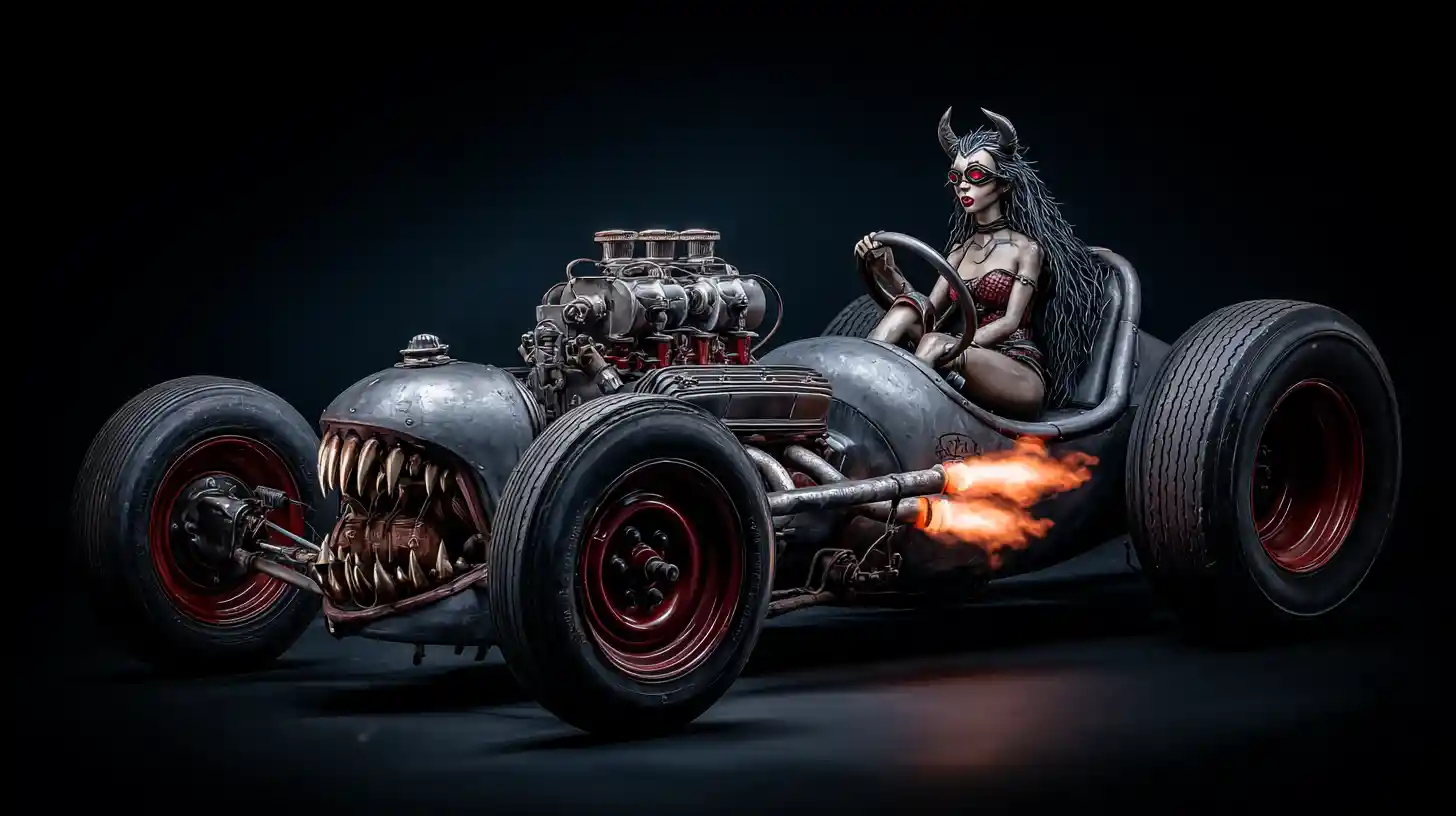 Possessed V8 hot rod engine with demonic driver