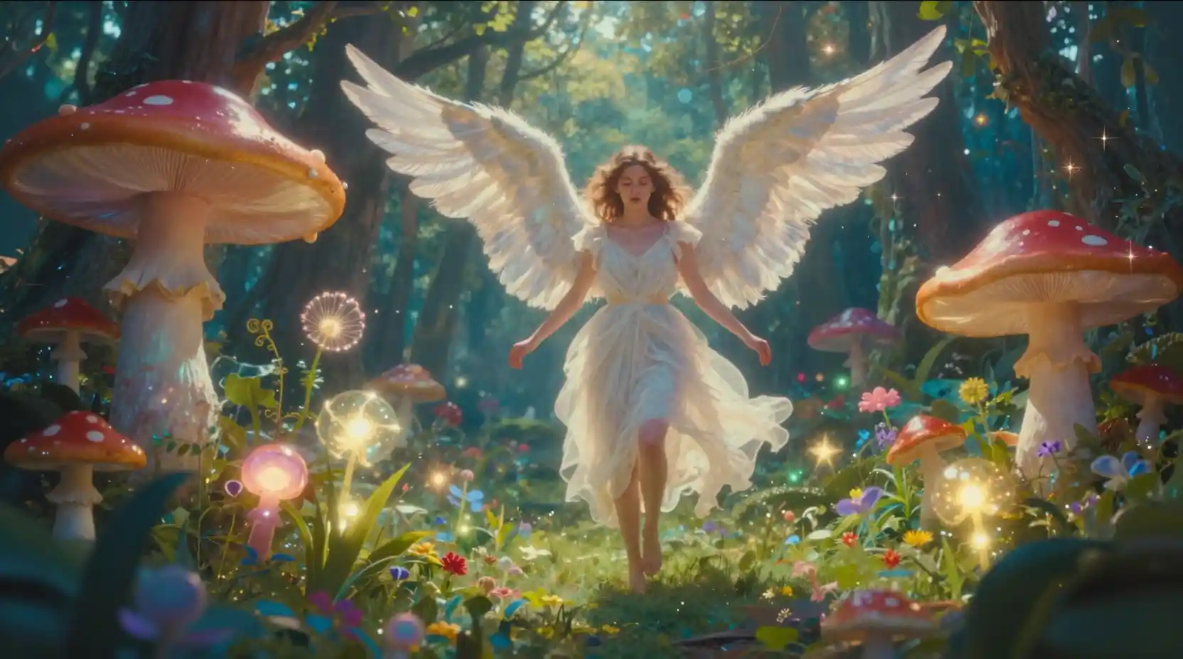 Angelo etereo che scende in una foresta vibrante e onirica