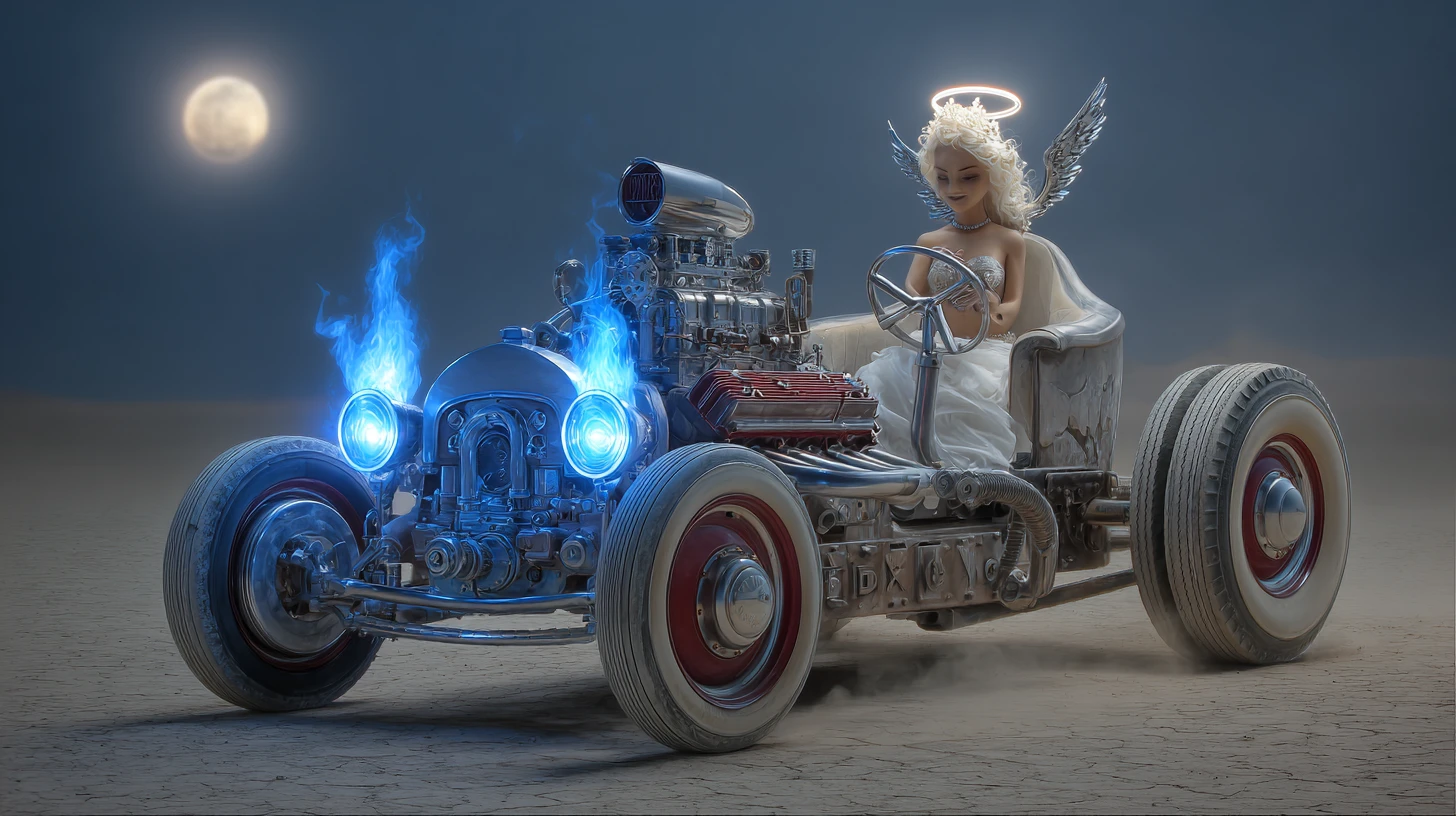 Angelic V8 engine car racing along moonlit desert highway
