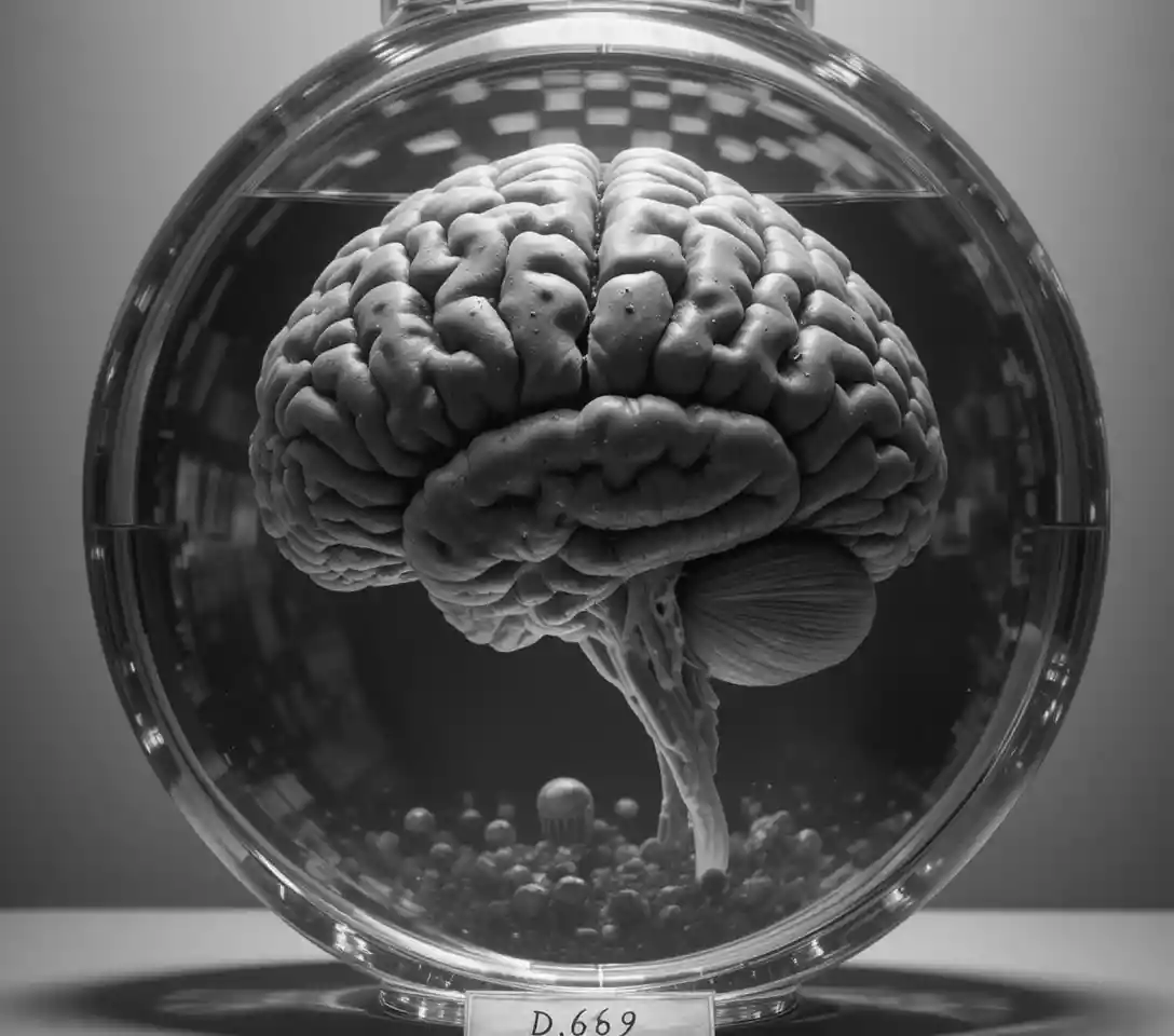 ガラス瓶の中の人間の脳と臨床検査室の照明