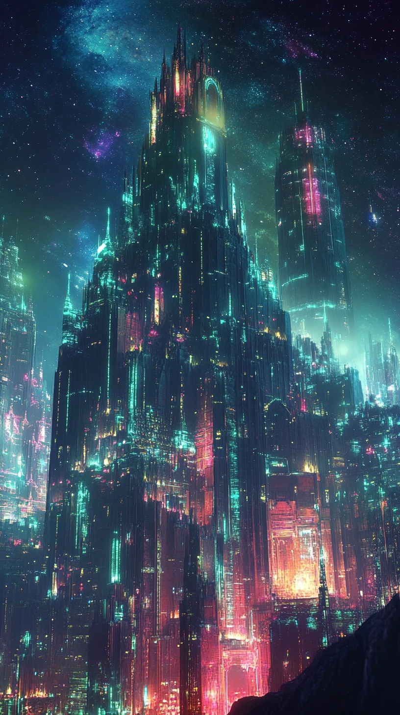 Surreal neon palace merging into dystopian industrial city