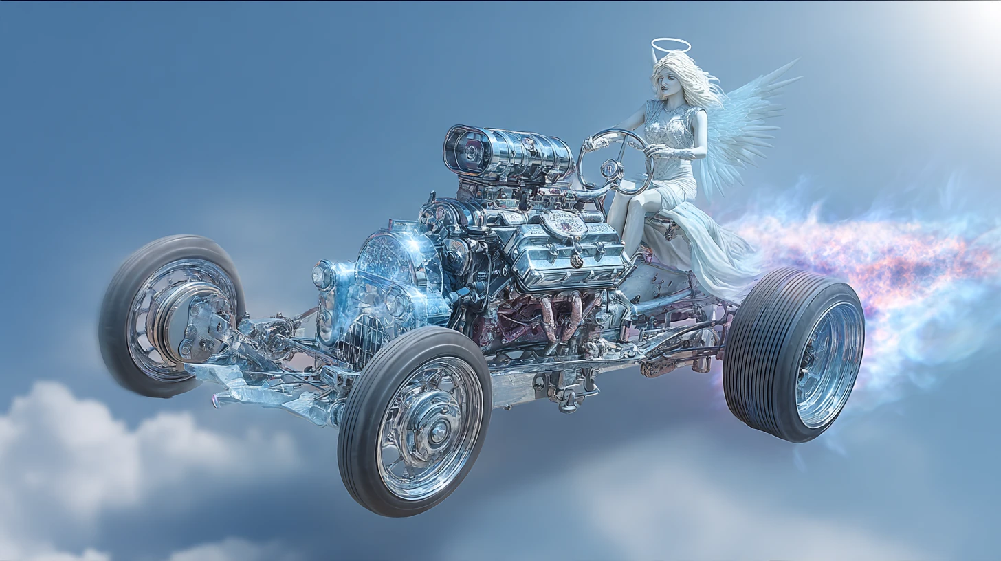 Angelic hot rod engine driven by a radiant angel woman