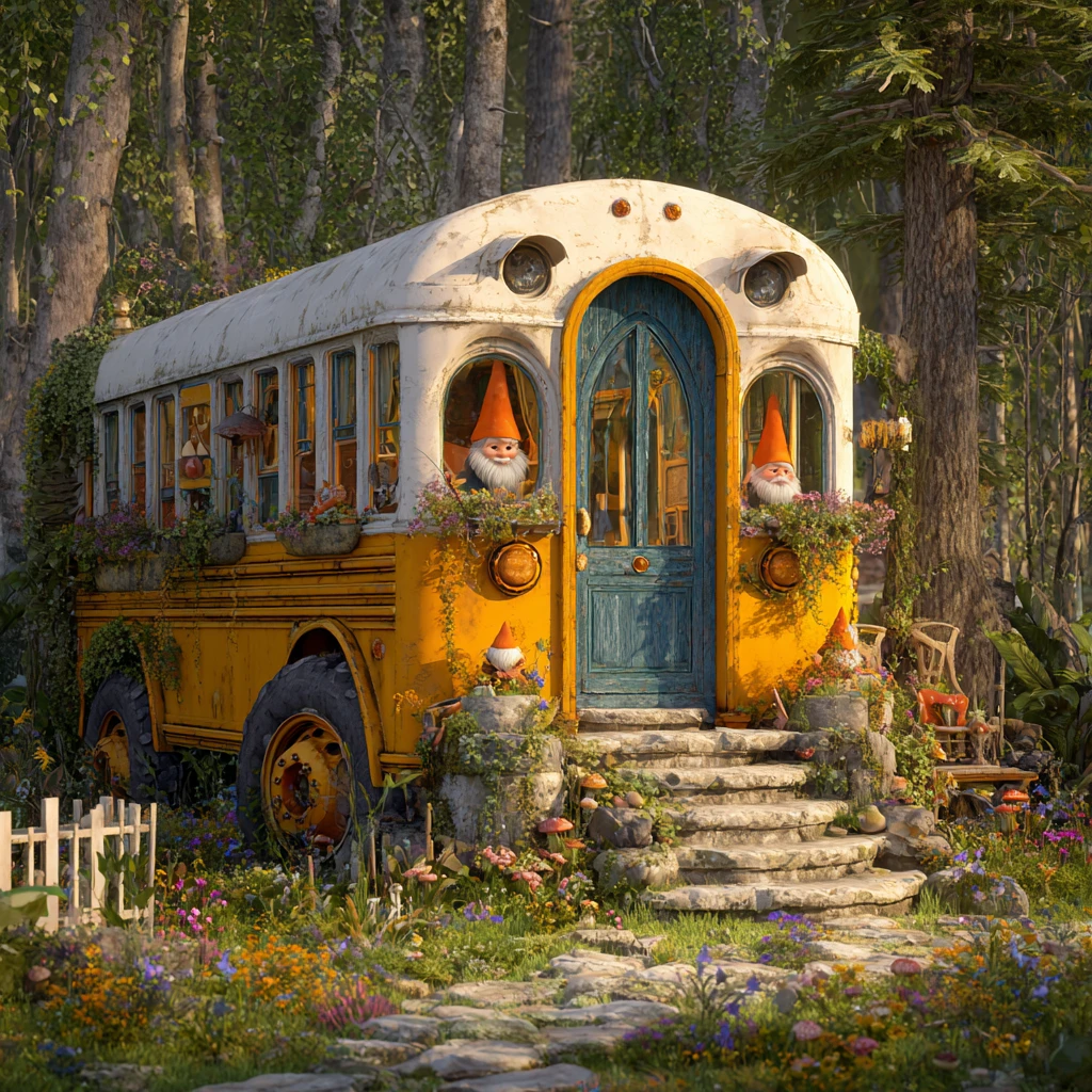 Whimsical gnome home inside an old forest school bus