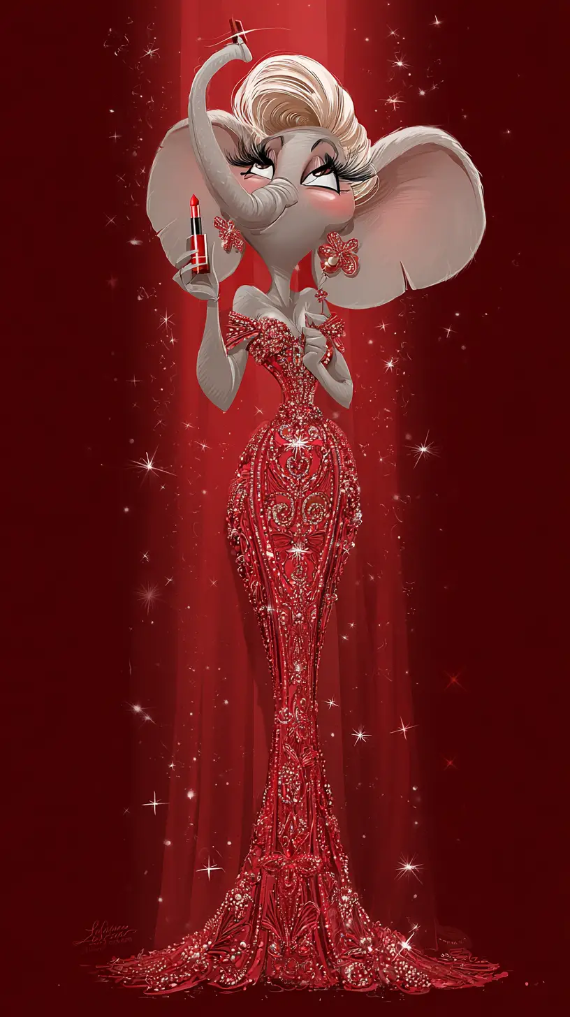 Elegant elephant in red gown applying lipstick
