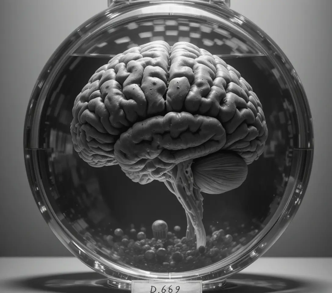 Cerveau humain dans un bocal en verre avec éclairage de laboratoire clinique