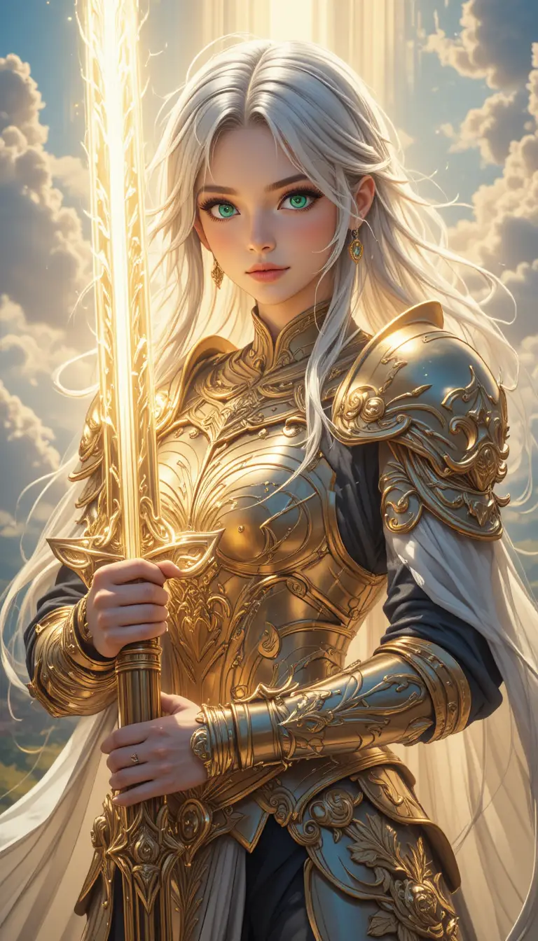 Divine anime knight with holy greatsword in radiant sky