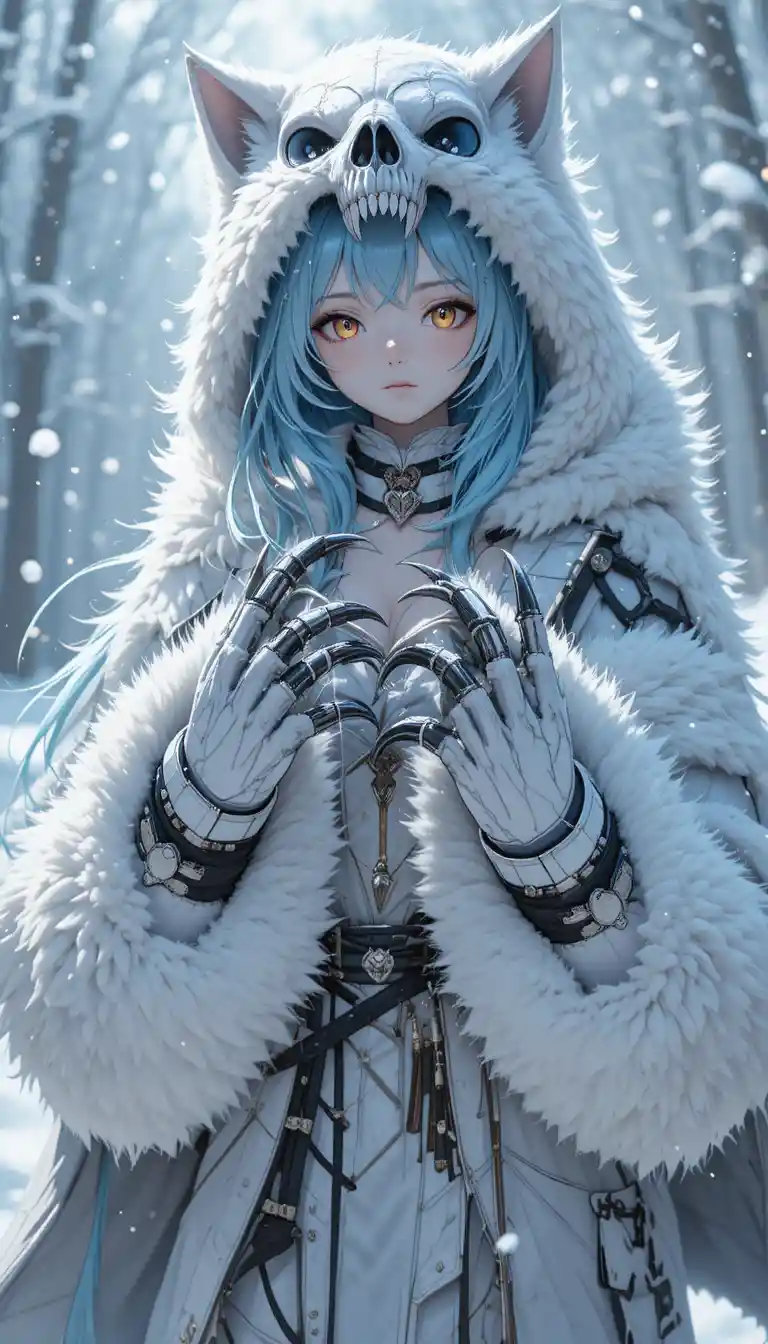Ragazza lupo con bracciali di pelliccia bianca in scena anime innevata
