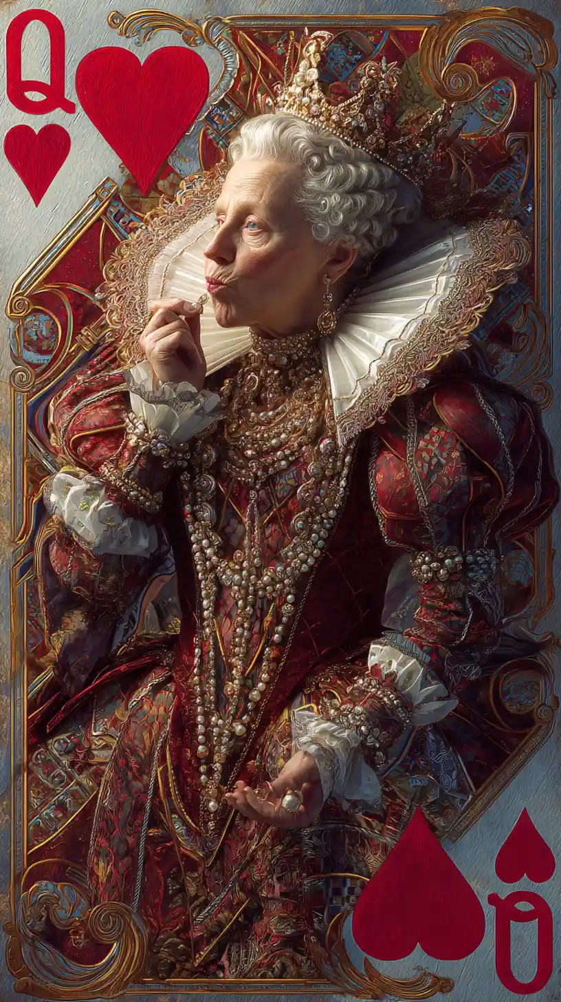 Cinematic queen of hearts stepping from card blowing kiss
