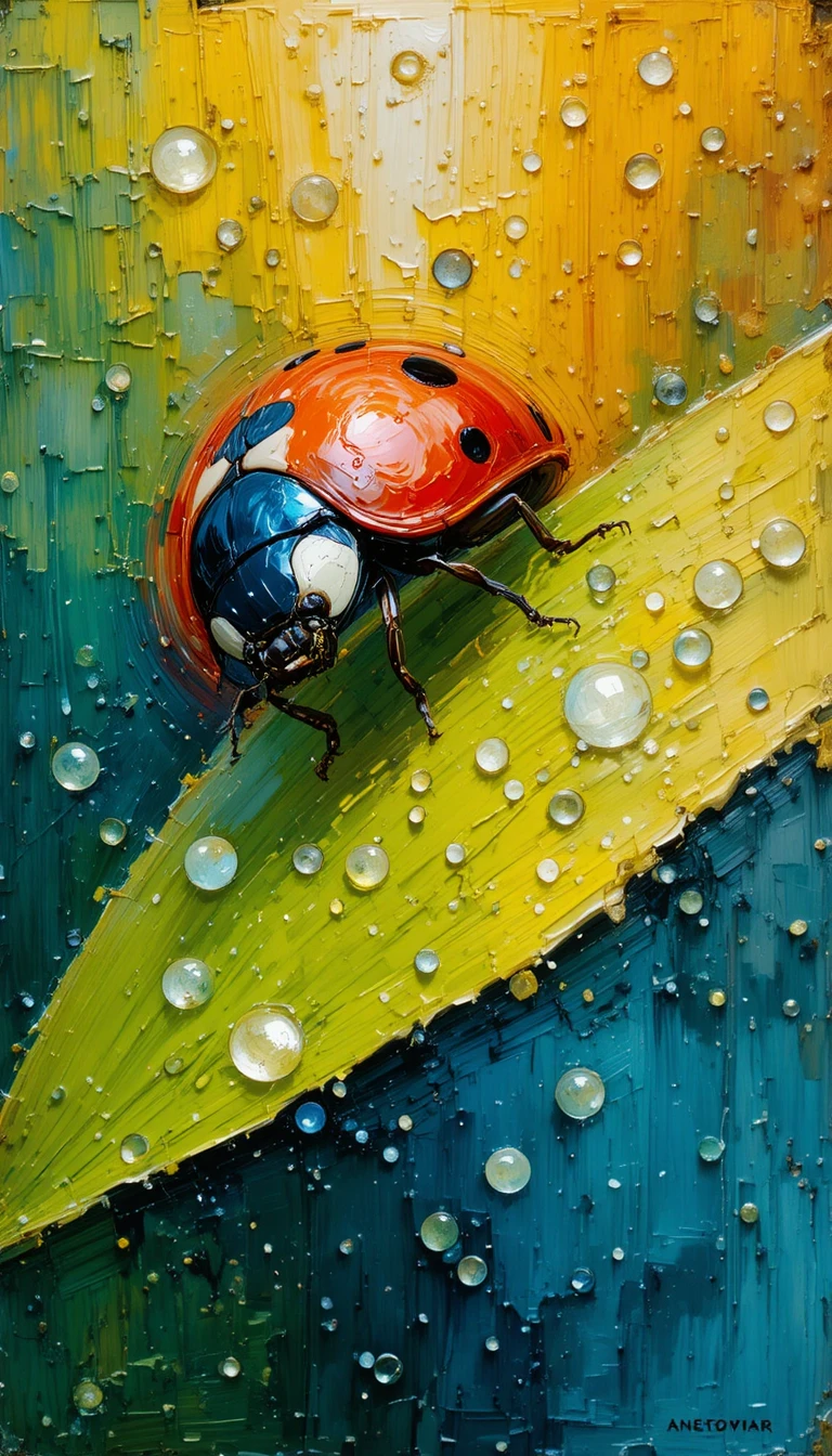 Peinture en impasto éclatante d’une coccinelle sur une feuille verte