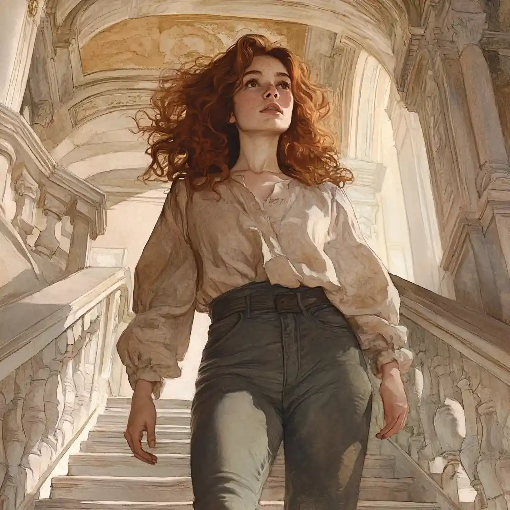 Red haired woman descending a grand marble staircase