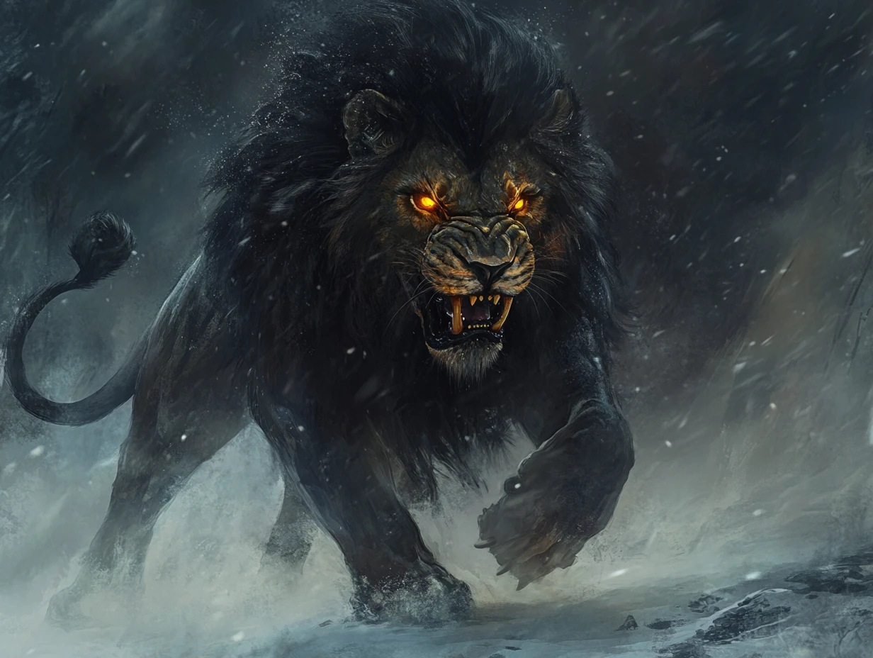 Possessed lion on the hunt in a dark wilderness scene