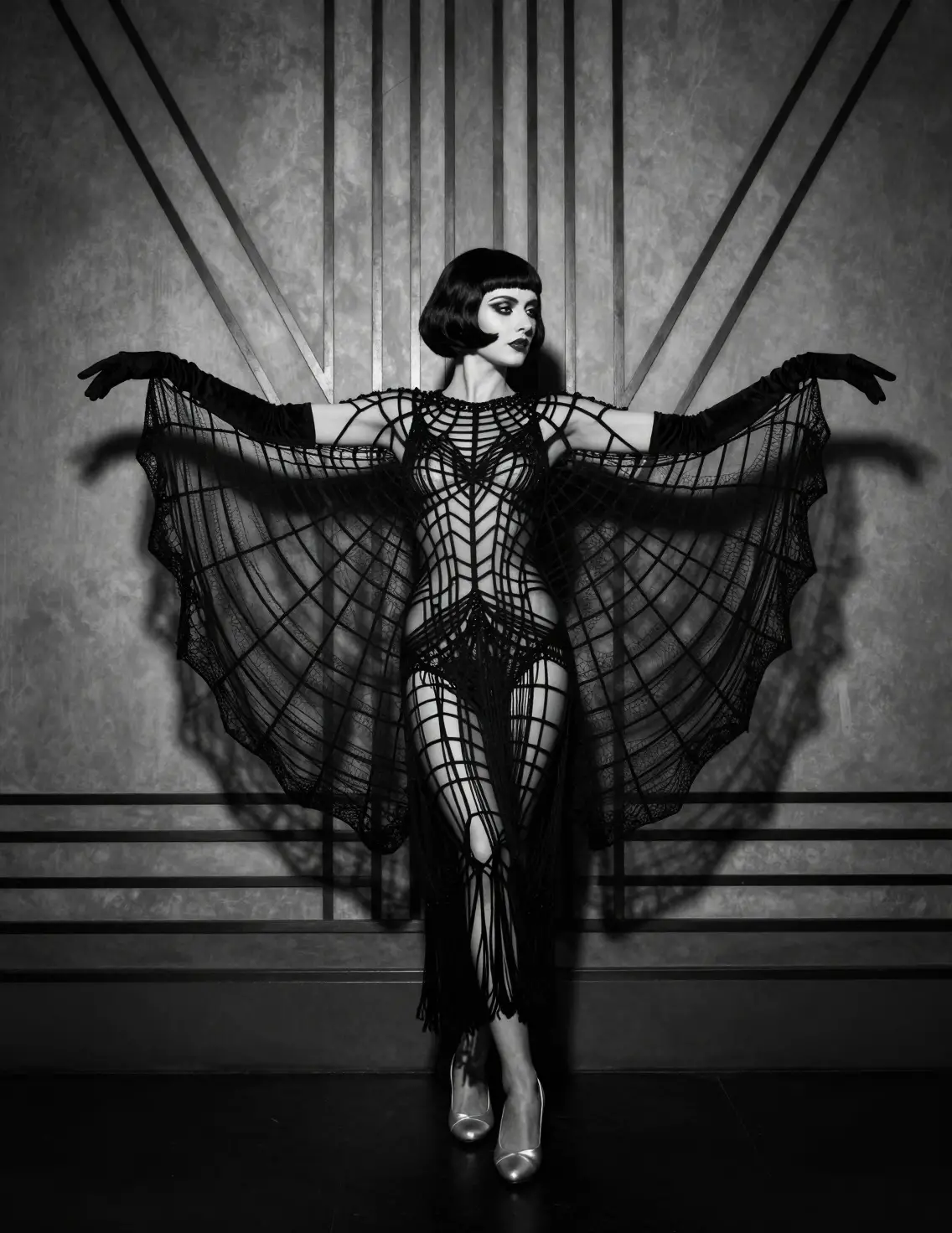Dramatic woman in spiderweb costume on art deco stage