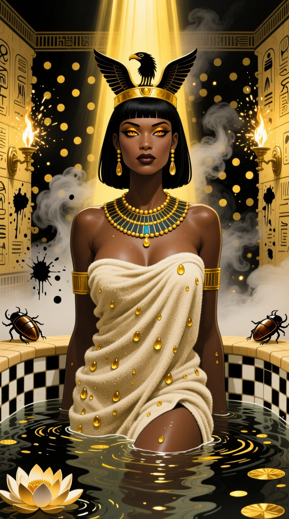 Regal Egyptian pharaoh bathing in a golden steam pool