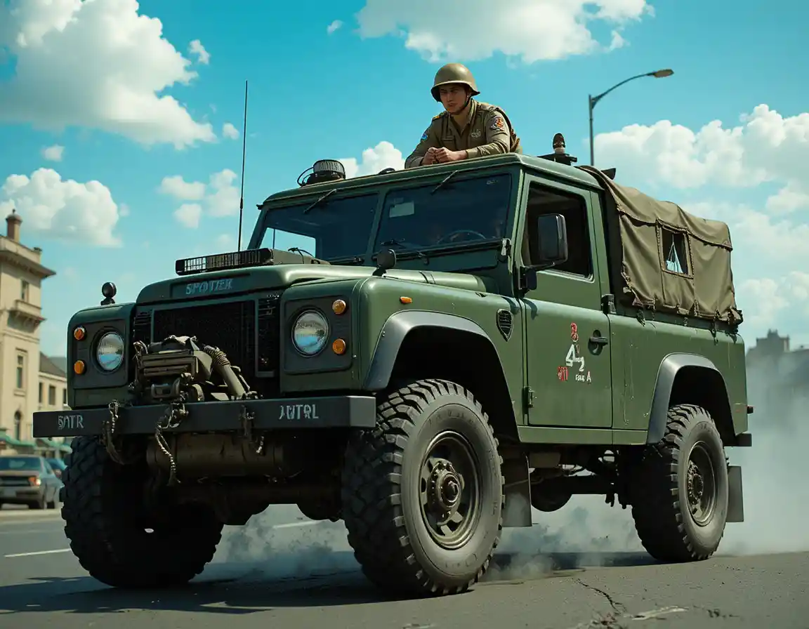 Armored truck with soldier racing through city street