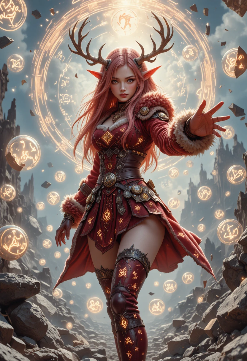 Anime mage girl with glowing antlers and cat rune magic