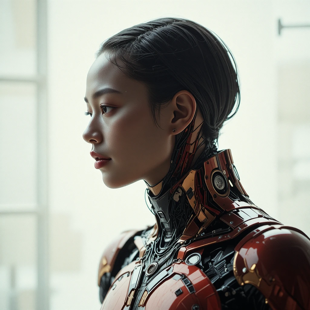 Futuristic profile portrait in a metallic segmented suit
