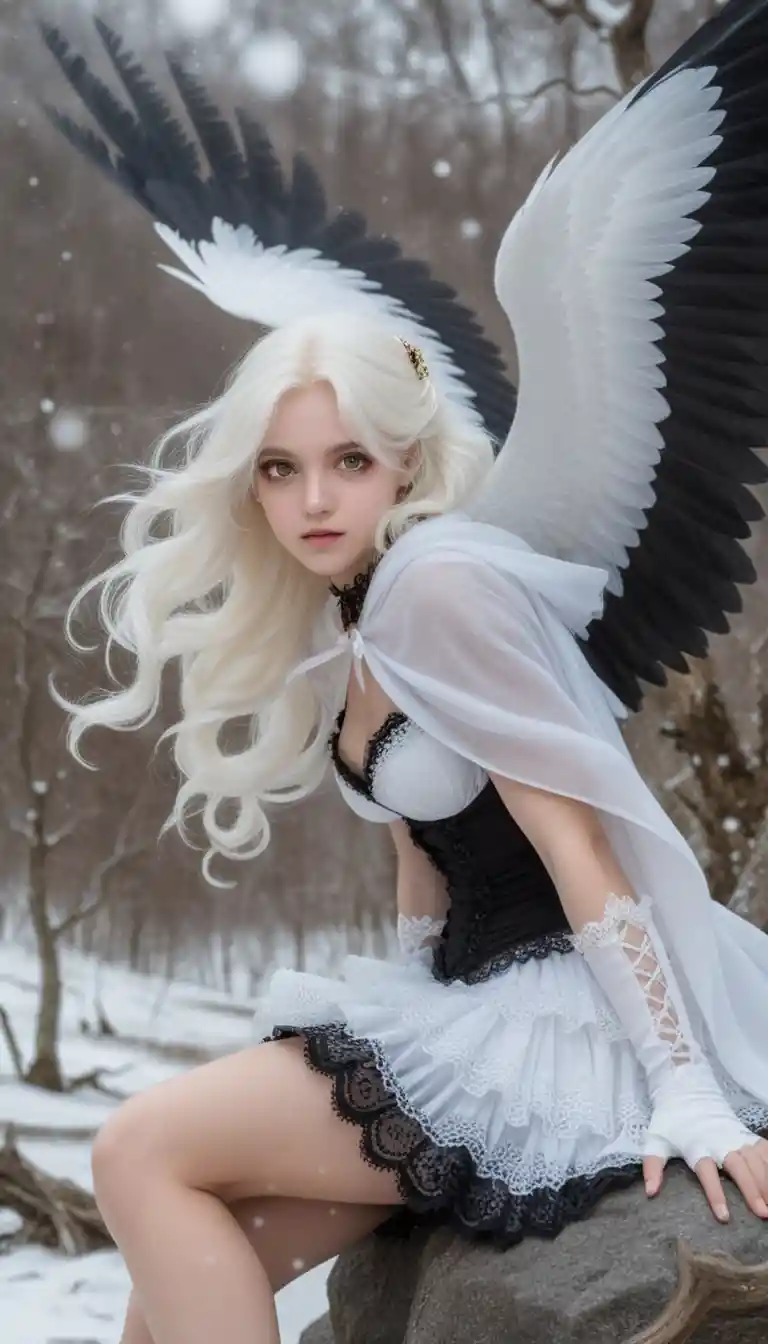 White haired winged girl in black lace dress in snow