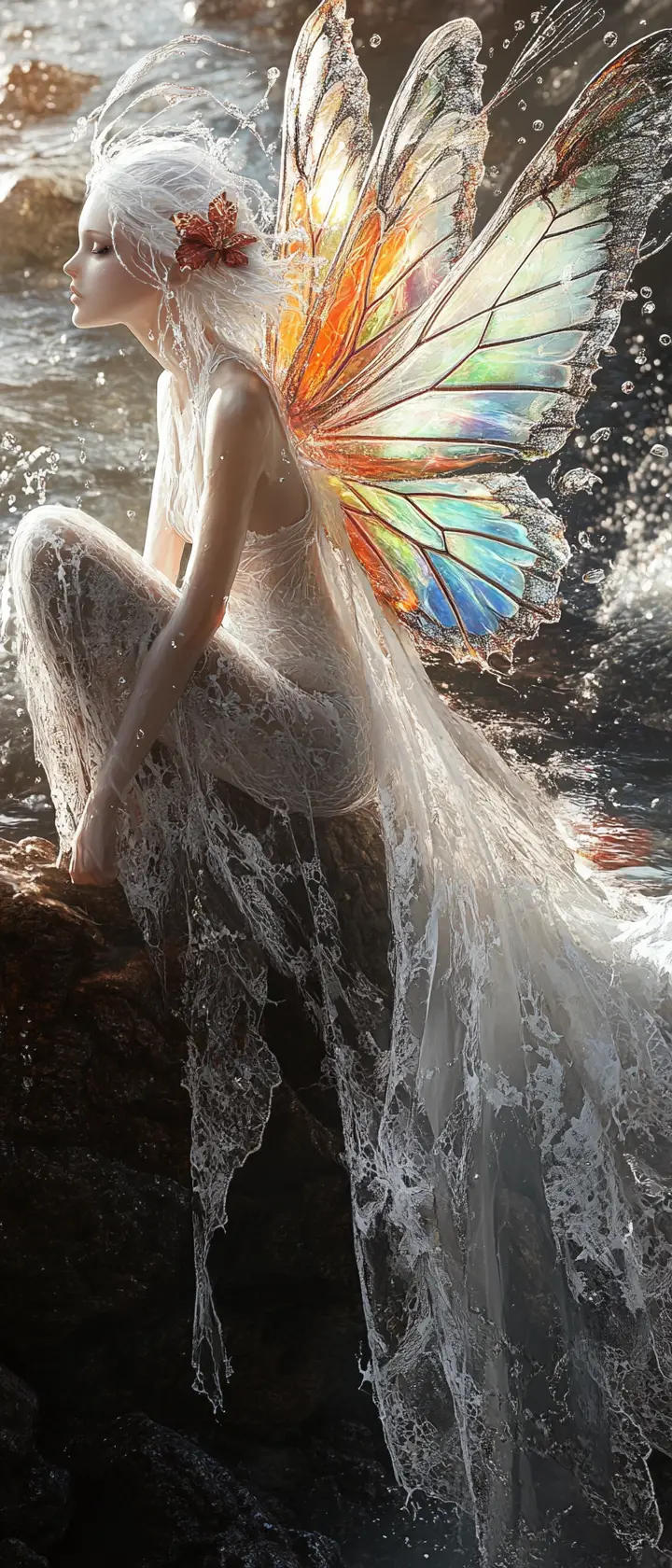 Ethereal white haired woman with glass butterfly wings