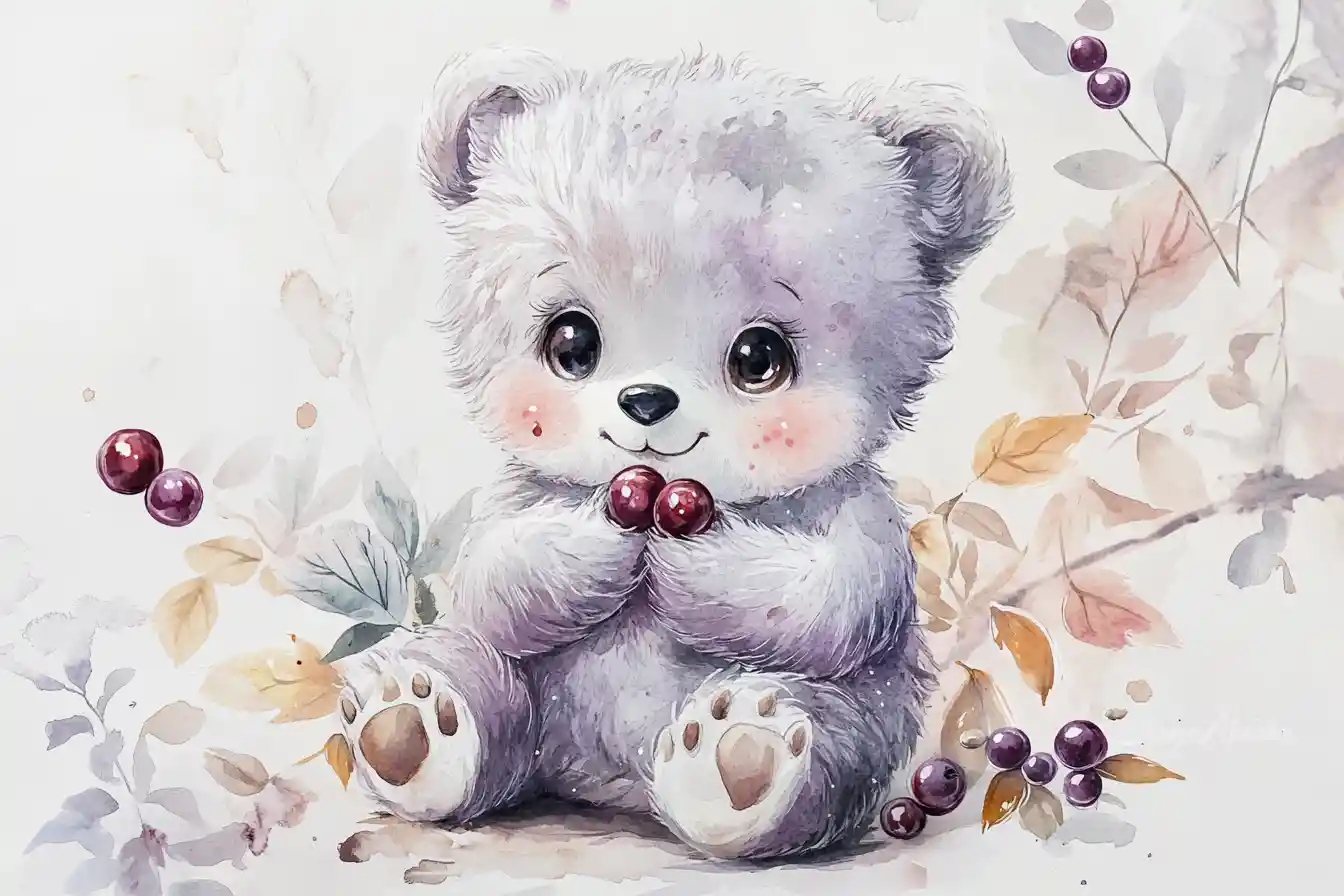 Cute watercolor bear cub with berries in soft nature scene