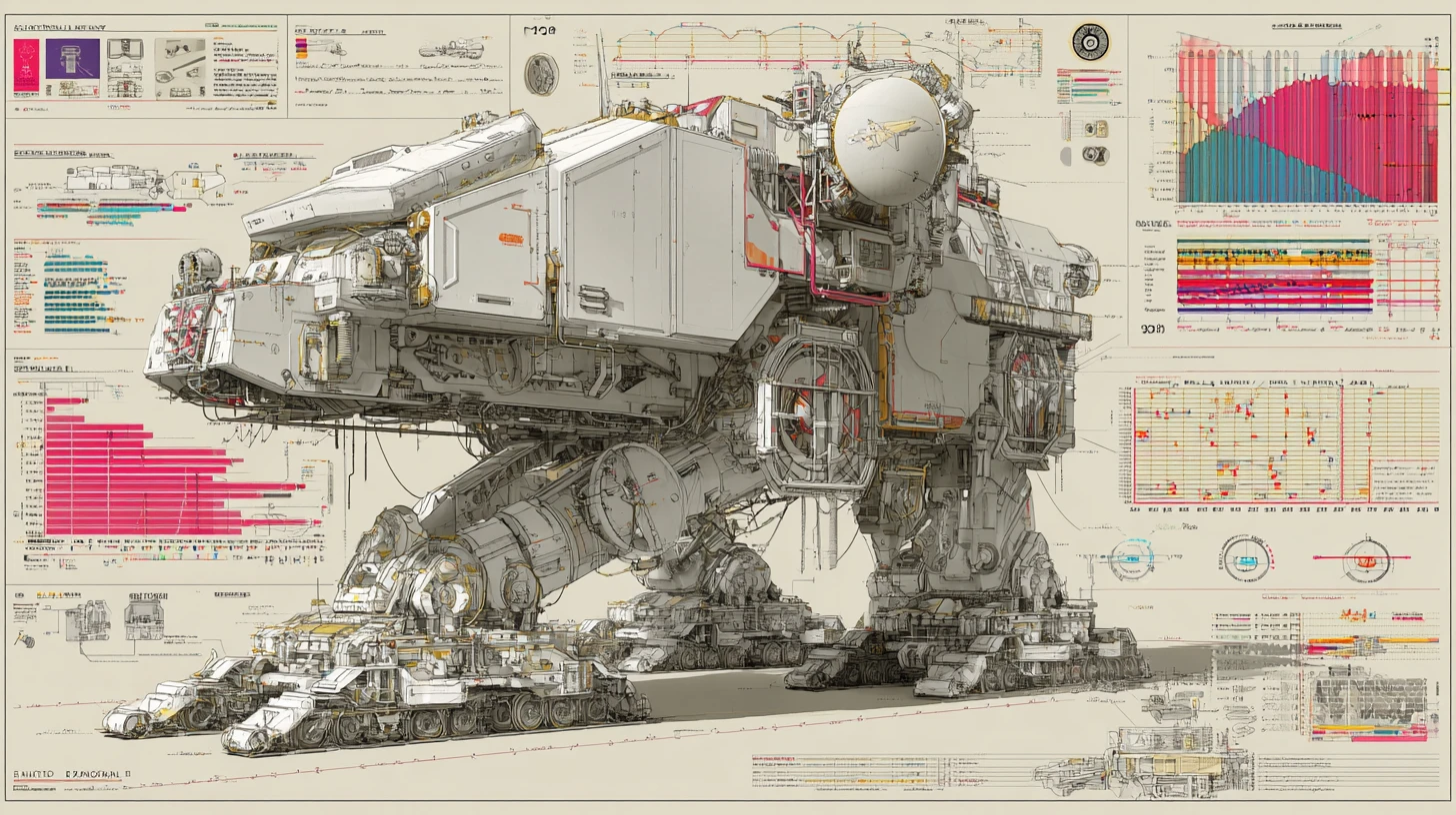 Futuristic mech walker diagram with urban warfare systems