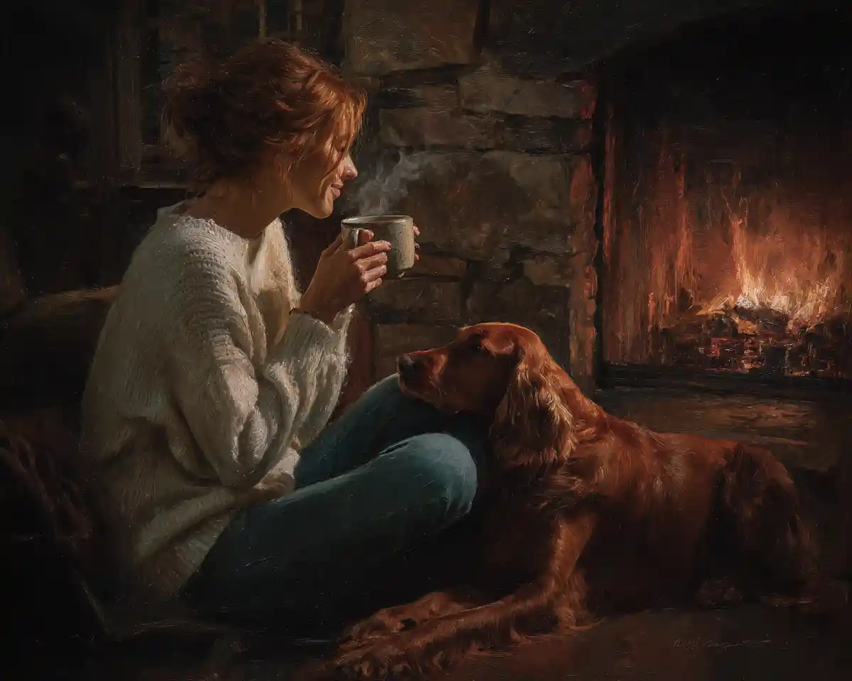 Mujer relajándose junto a la chimenea con su perro y café
