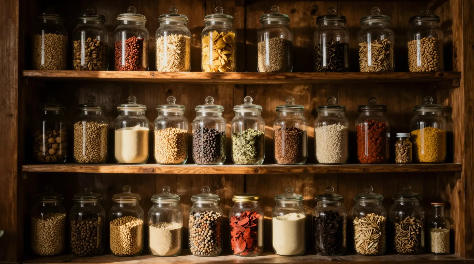 Antique Kitchen Pantry With Ordered Glass Jars In Soft Light