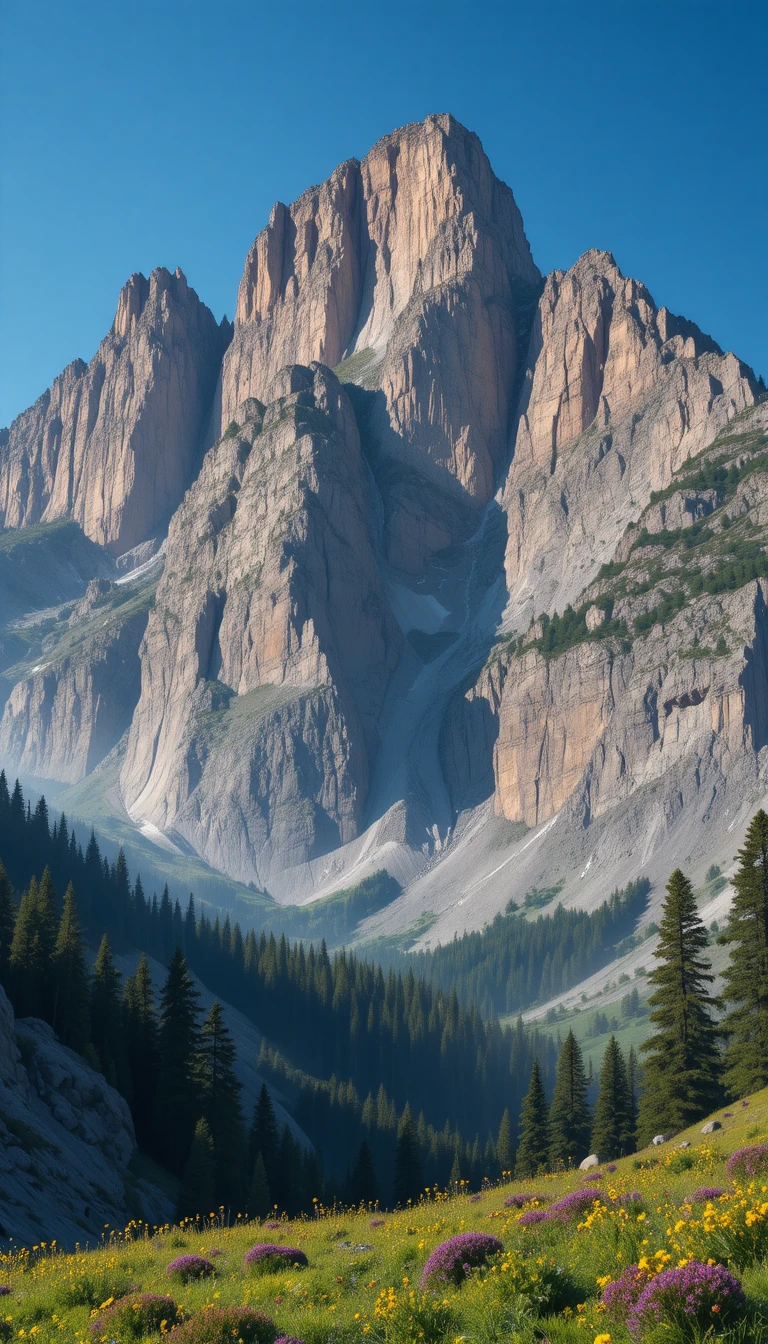 Majestic mountain peaks above an alpine meadow at sunrise