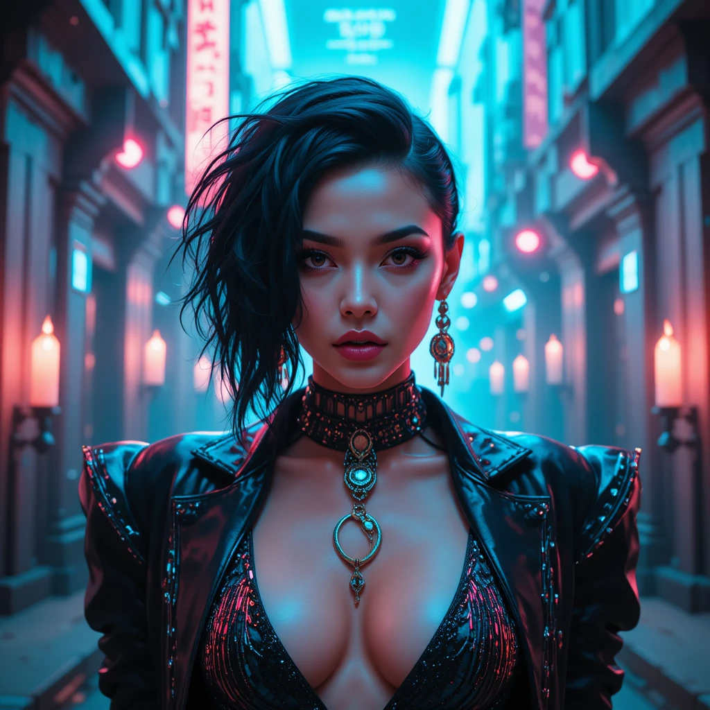ネオンシティの近未来ファッションポートレートの大胆な女性