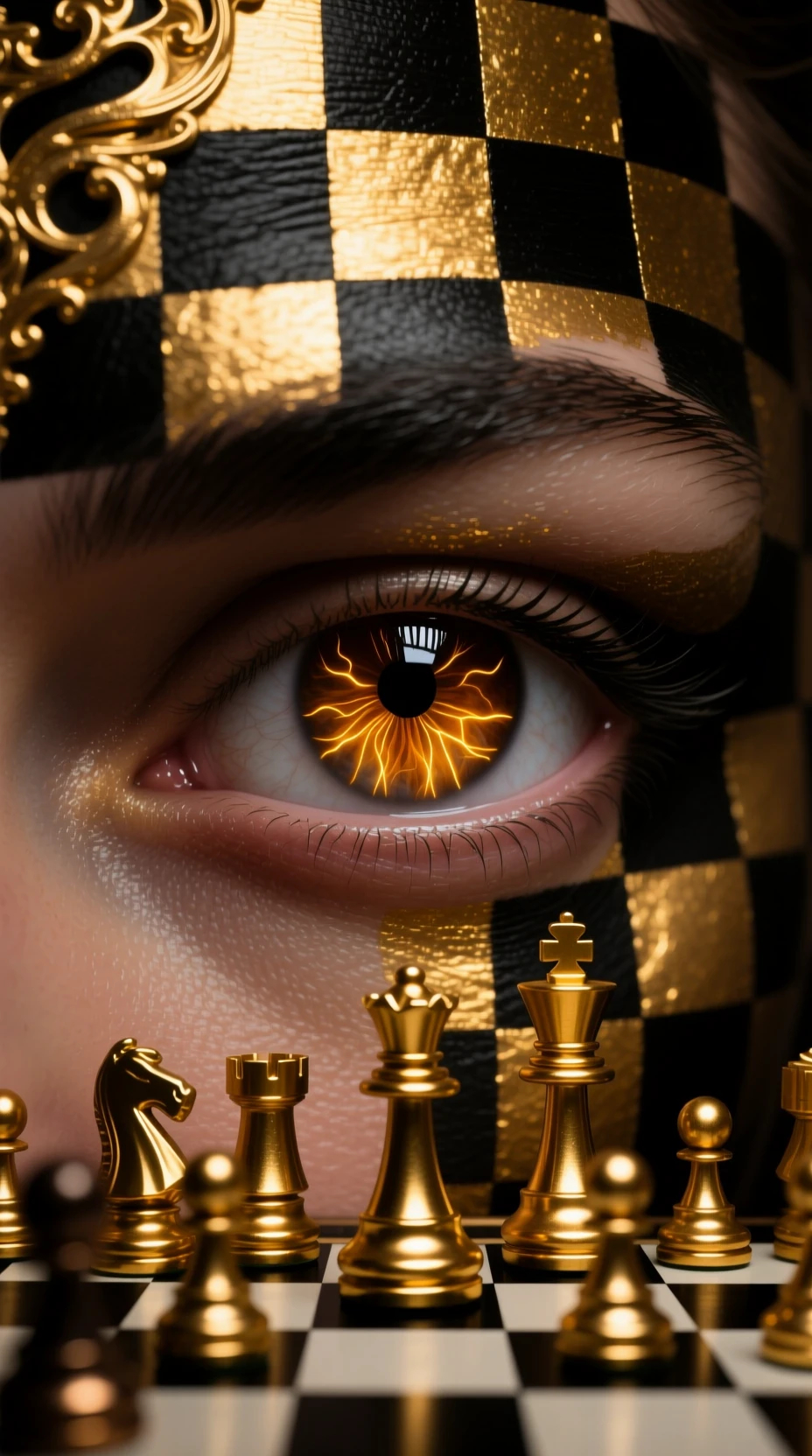 Nahaufnahme eines menschlichen Auges mit goldenen Schachbrett-Reflexionen