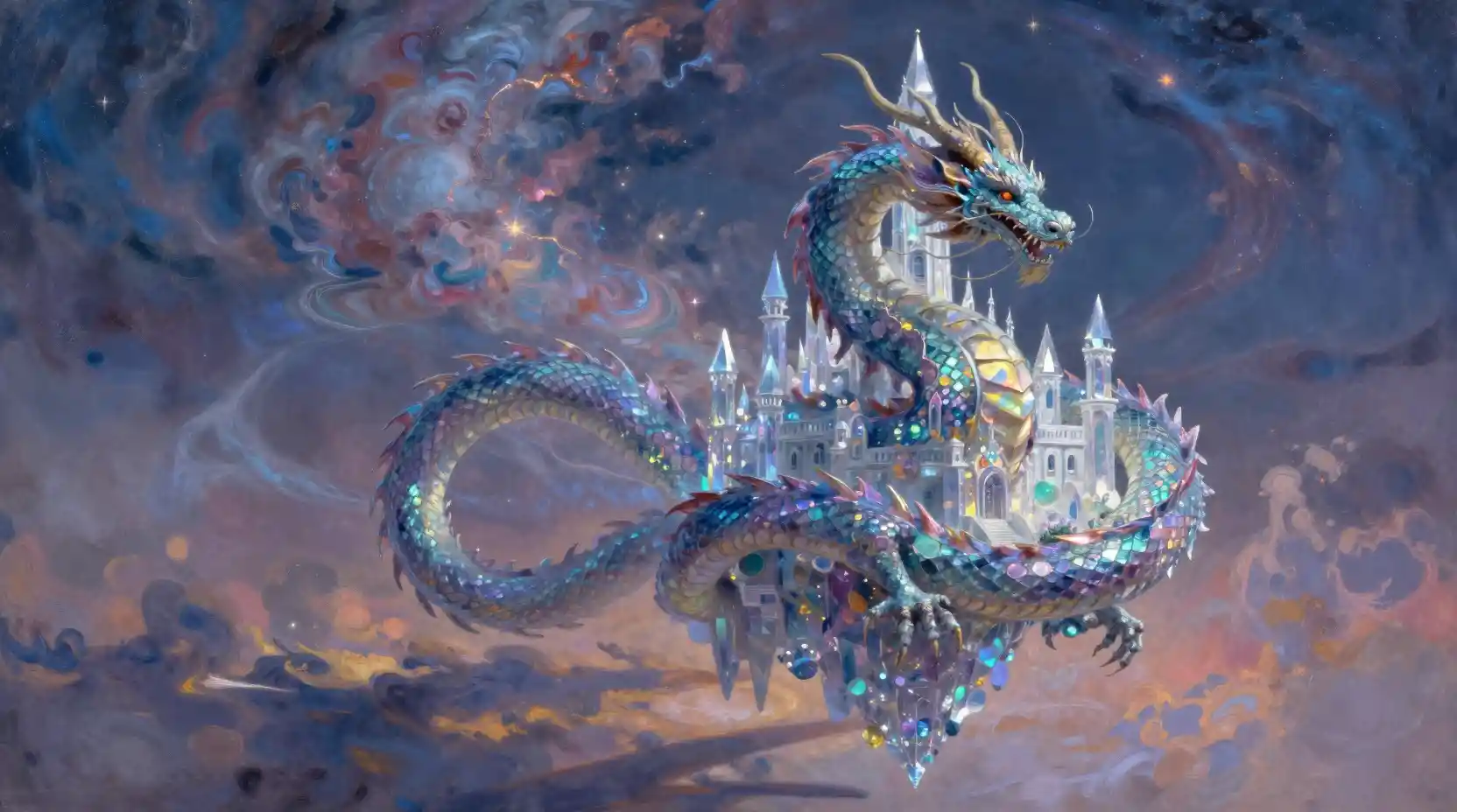 Iridescent dragon guarding a floating crystalline sky castle