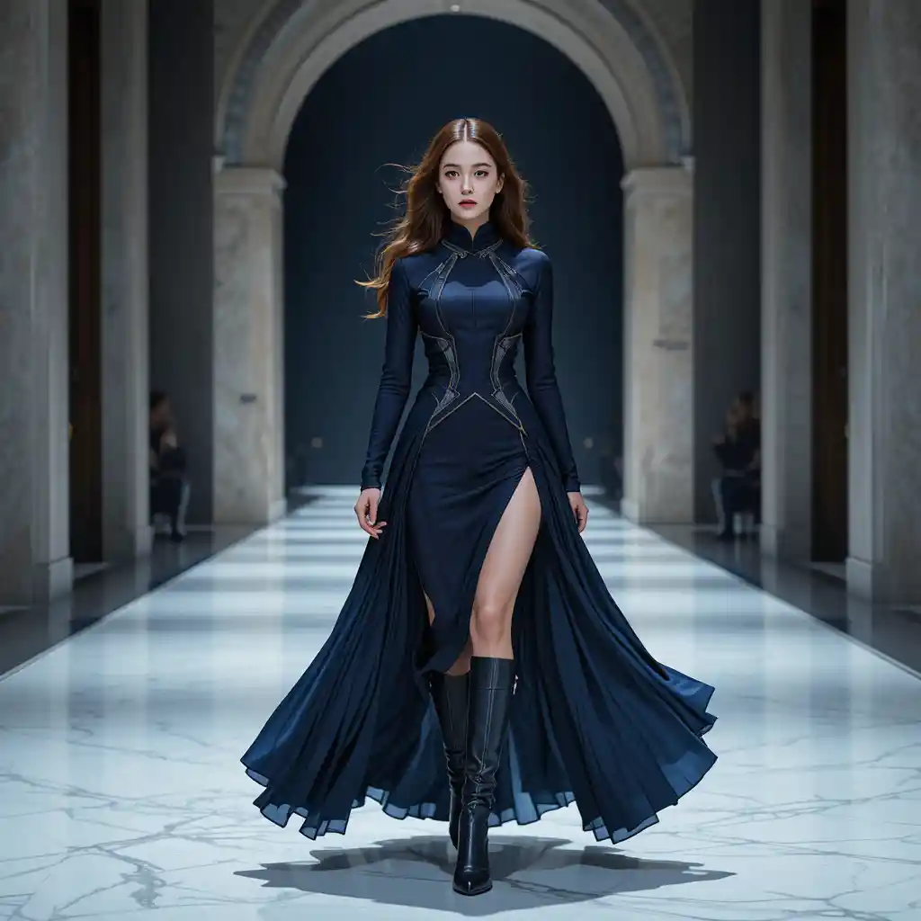 Confident Korean model in navy geometric couture gown